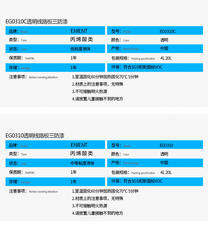 EG0310透明線路板三防漆具有優(yōu)異的防水、防潮、防塵、絕緣性能，同時耐冷熱沖擊、耐老化、耐輻射、耐鹽霧、耐腐蝕、耐振動、耐電弧，柔韌性、附著力等性能良好，帶熒光指示，可檢查噴涂是否到位。